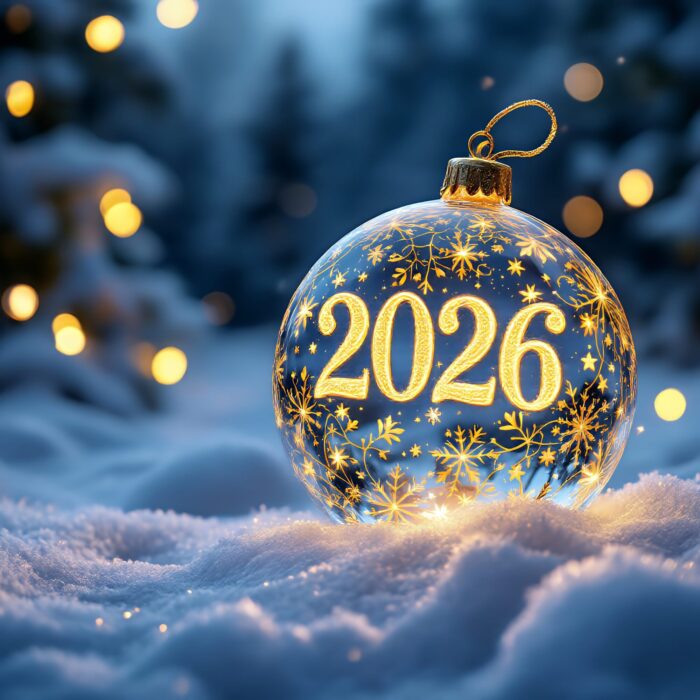 Boule de Noël lumineuse avec l’année 2026 posée dans la neige.