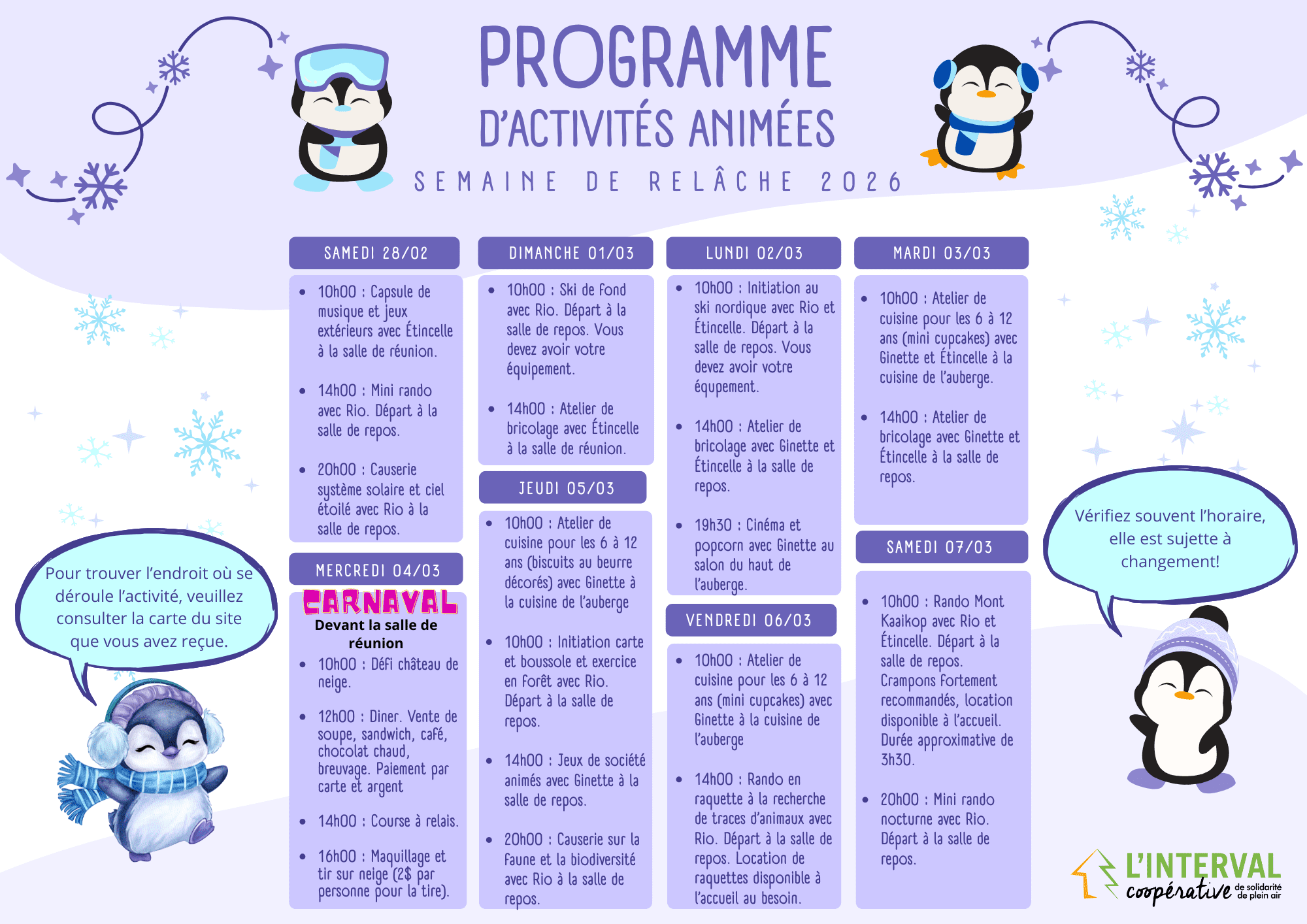 Programmation d’animation semaine de relâche 2026